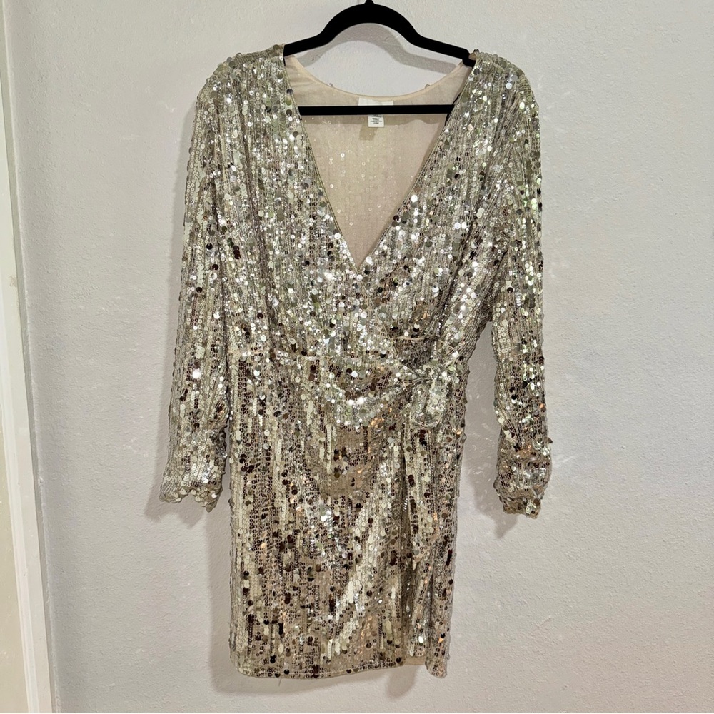 H&M Long-Sleeve Silver Sequin Wrap Dress